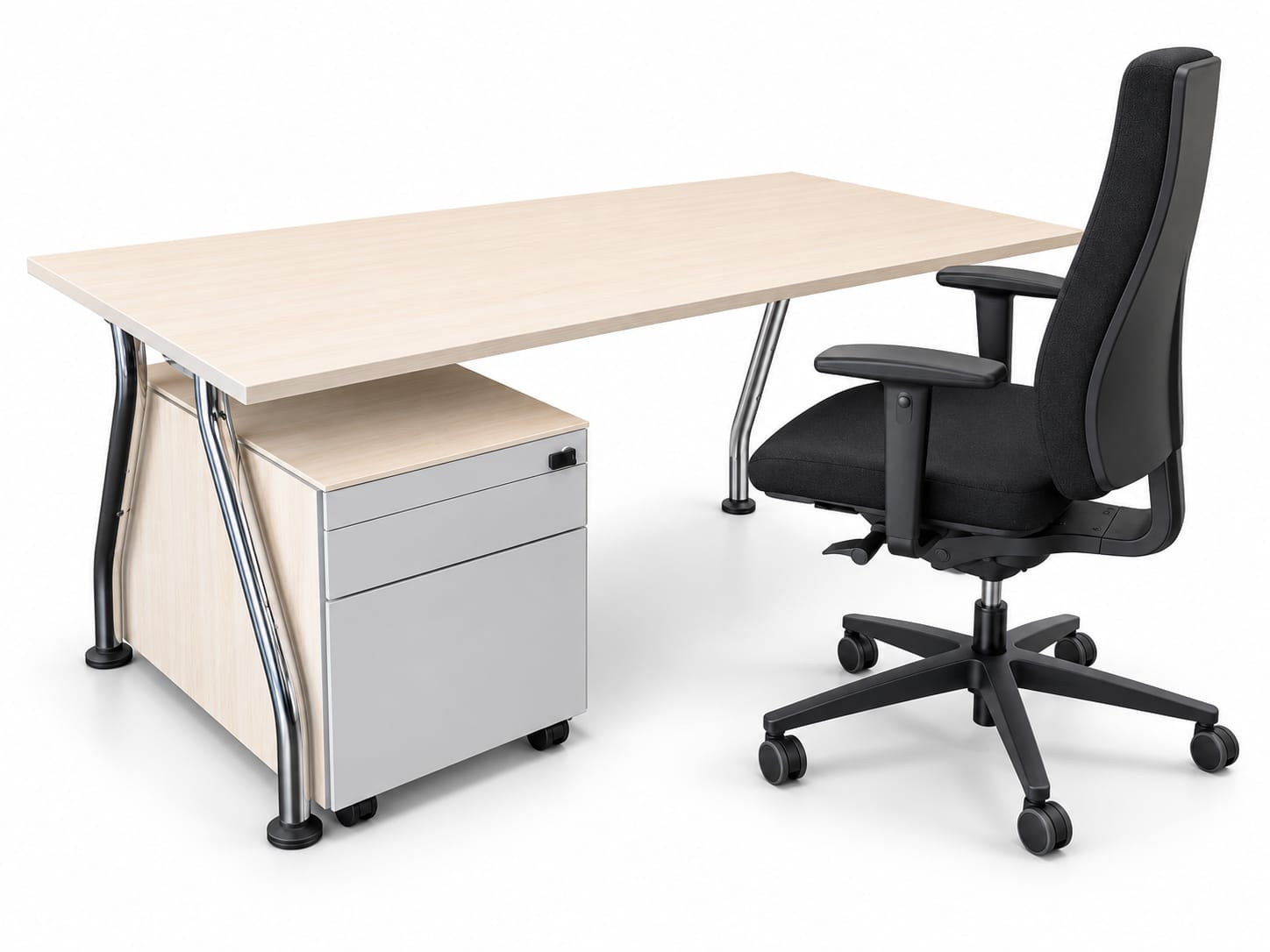 Illustrative Produktansicht: Steelcase-Schreibtisch in heller Birke mit Chromgestell, Steelcase-Rollcontainer und schwarzer Dauphin-Bürostuhl