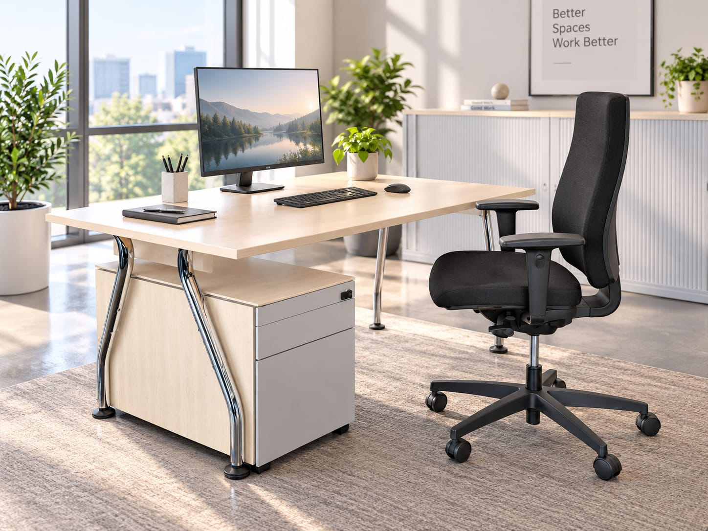 Illustrative Raumansicht eines gebrauchten Büroarbeitsplatz-Sets mit Steelcase-Schreibtisch in heller Birke, Steelcase-Rollcontainer und schwarzem Dauphin-Bürostuhl