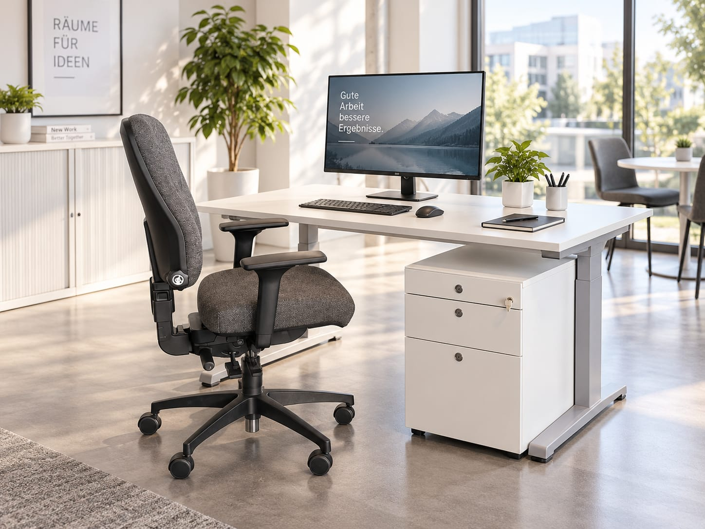 Illustrative Raumansicht eines gebrauchten Büroarbeitsplatz-Sets mit Steelcase-Schreibtisch, Fantoni-Rollcontainer und Dauphin-Bürostuhl